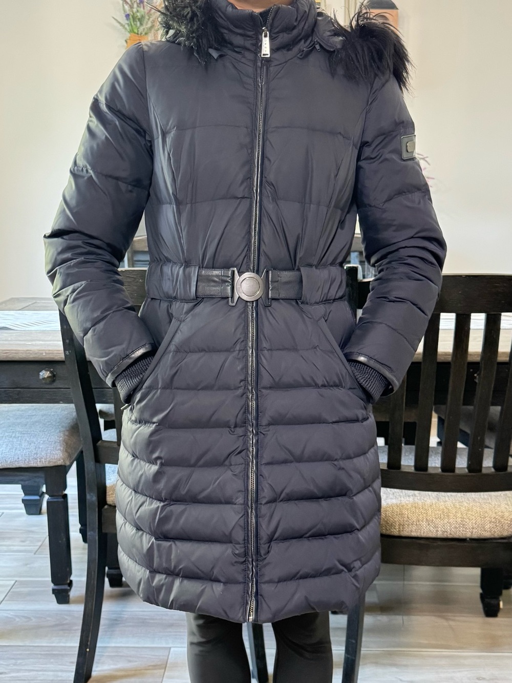 DKNY Women's Navy Blue Quilted Belted Puffer Coat with Faux Fur Hood
